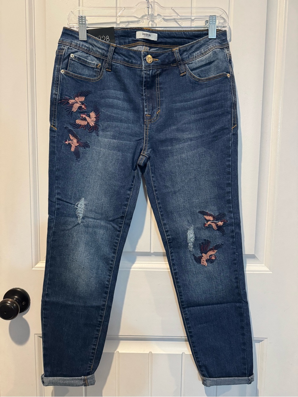 Kensie Dark Blue Cropped Jeans with Pink Embroidered Phoenix Size 6